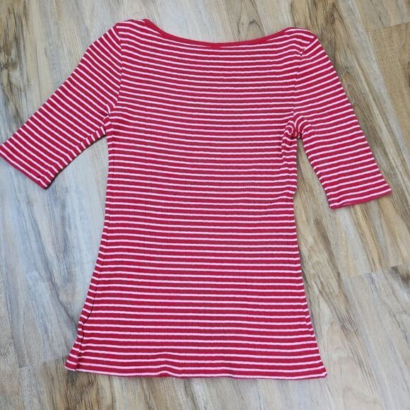 💜Old Navy Red & White Striped Boatneck Elbow Sleeve Top Small - Picture 2 of 8